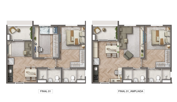 49m², 2 dormitórios com suíte