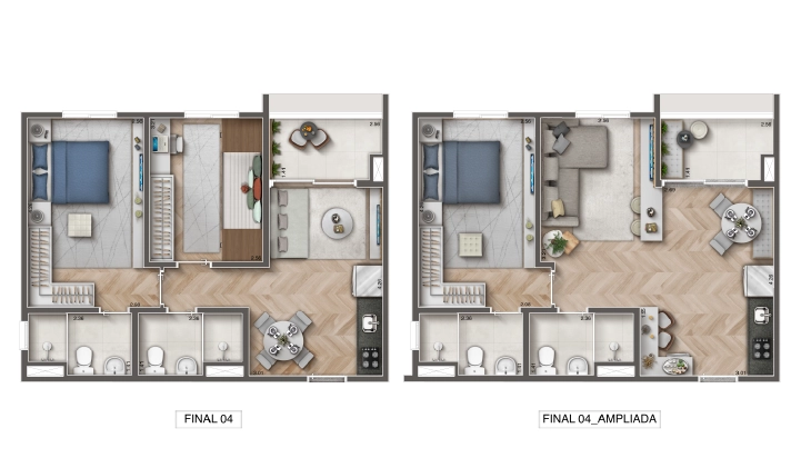 49m², 2 dormitórios com suíte