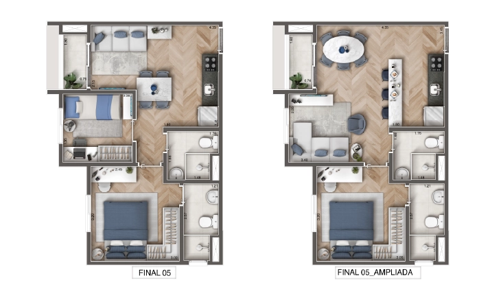 41m², 2 dormitórios com suíte