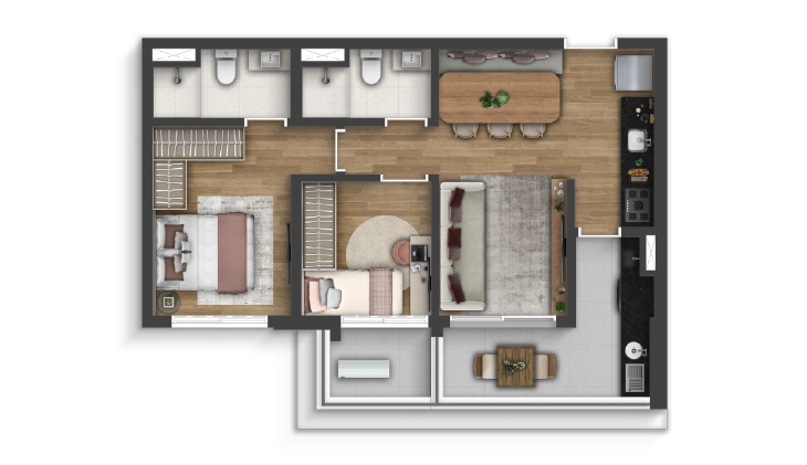 62m², 2 dormitórios com 1 suíte