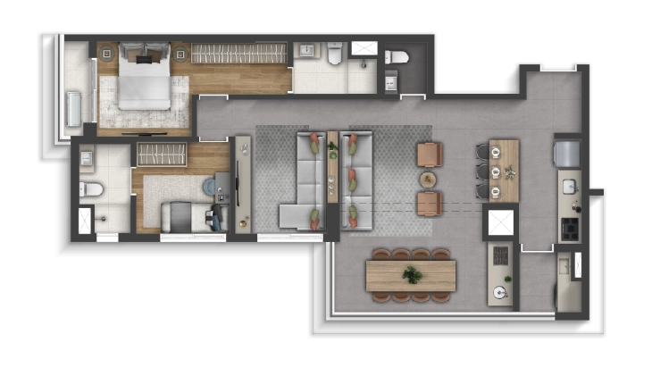 90m², sala de TV e cozinha aberta