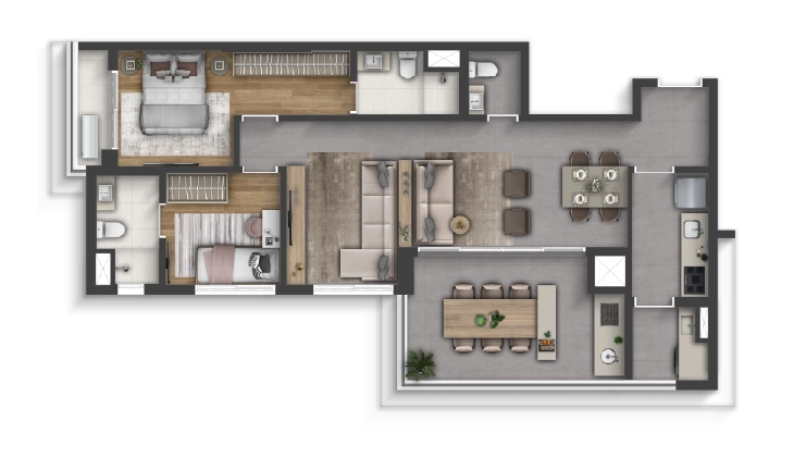 90m², sala de TV e cozinha fechada