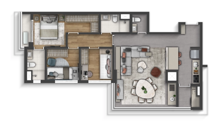 90m², 3 dormitórios e cozinha aberta
